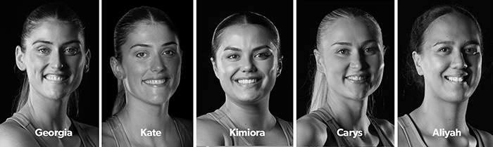 Silver Ferns : Georgia Heffernan, Kate Heffernan, Kimiora Poi, Carys Stythe and Aliyah Dunn